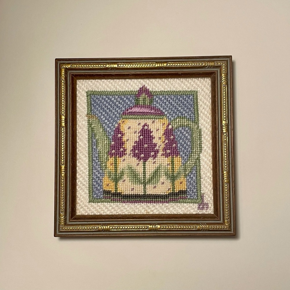 Vintage Cross Stitch Embroidered tea pot wall hanging in frame